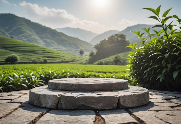 a close up of a stone bench in a field with mountains in the background