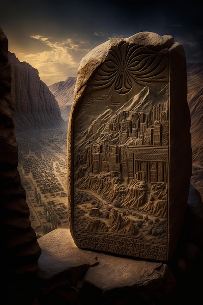 Close up of stone carving cityscape mountain generative ai