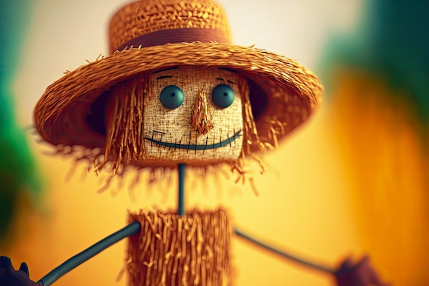 Close up of straw scarecrow with hat over blurred background created using generative ai technology