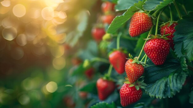 a close up of strawberries on a bush with the sun behind them