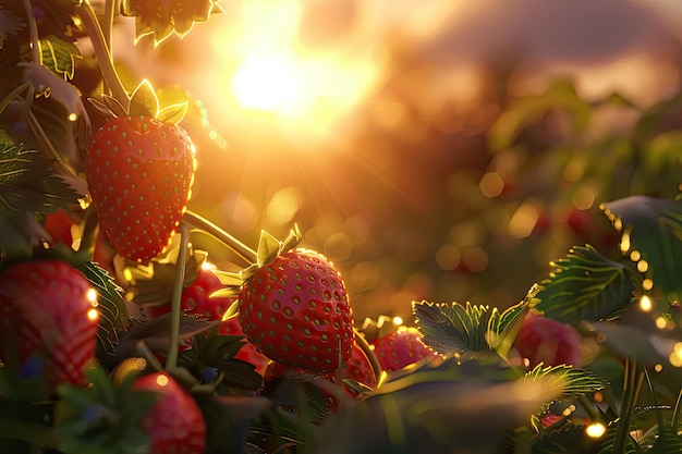 Close up strawberries in the garden at sunrise