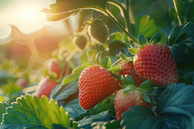 Close up strawberries in the garden at sunrise