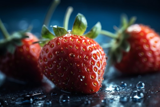 A close up of strawberries on a wet surface