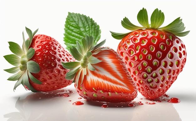 A close up of strawberries with green leaves on the white background