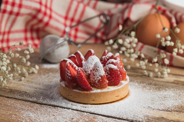 Close-up of strawberry cake on table