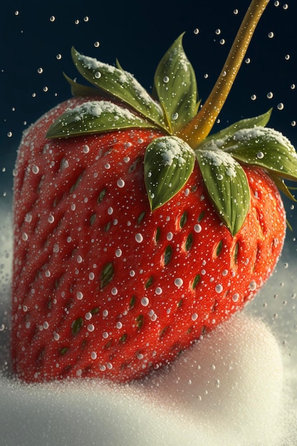 Close up of a strawberry covered in snow generative ai