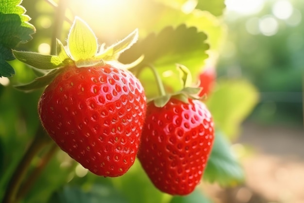 Close Up Strawberry In The Garden At Sunrise