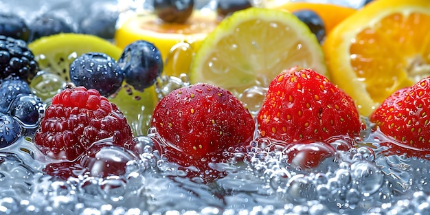 a close up of a strawberry with lemons and lemons