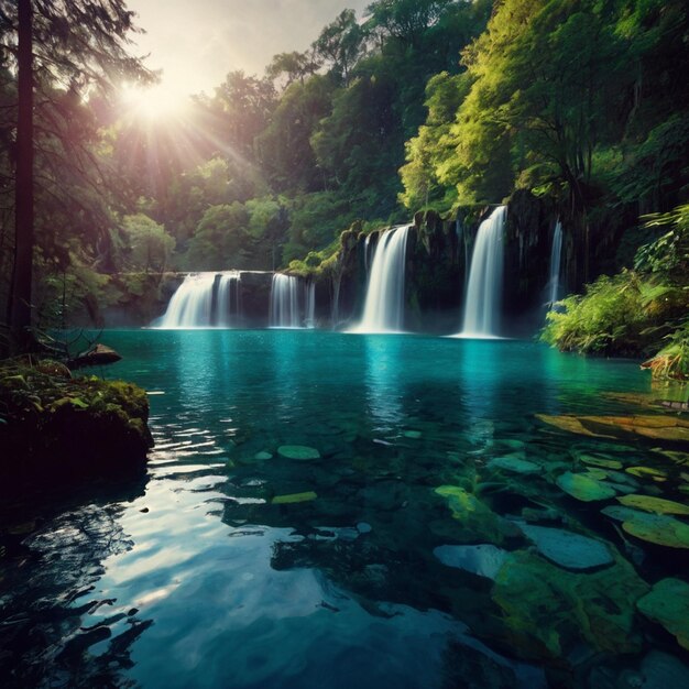 A close up of a stream running through a lush green forest