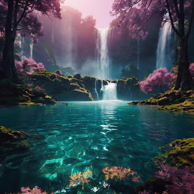 A close up of a stream running through a lush green forest