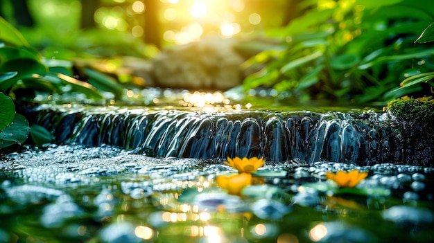 Photo close up of stream of water with flower in the middle