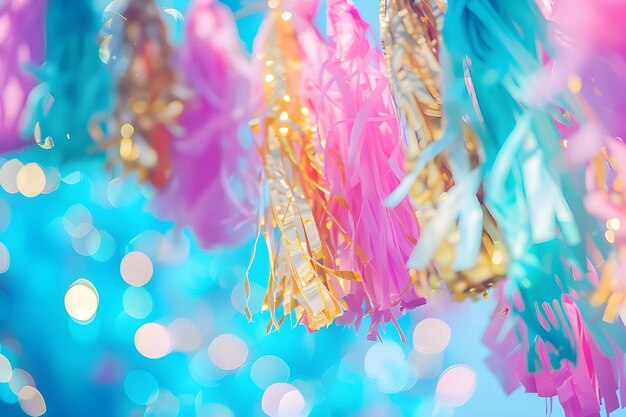 a close up of a string of feathers with a blue background