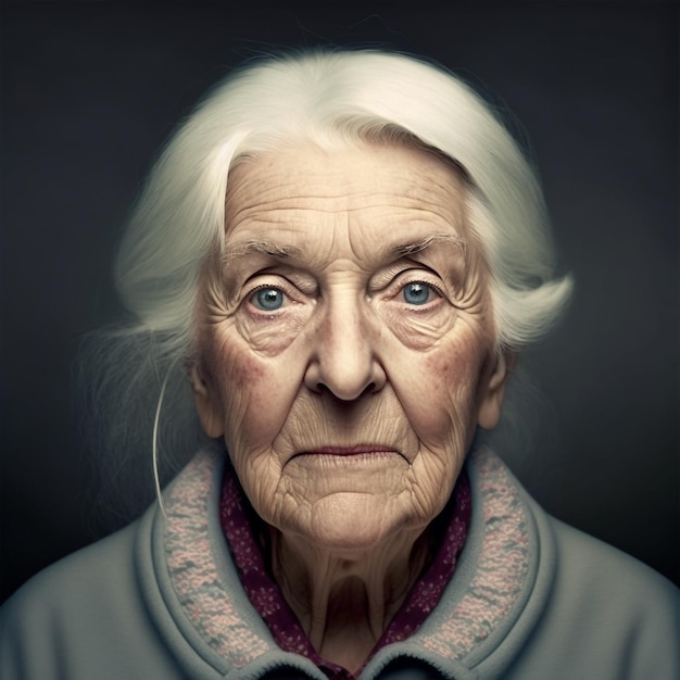 Close up studio portrait of senior old woman on black background Generative AI technology