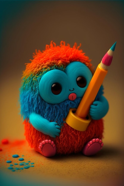 Close up of a stuffed animal holding a pencil generative ai