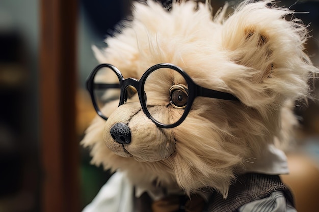 Close up of a stuffed animal wearing glasses