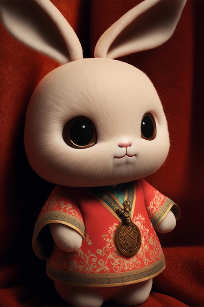 Close up of a stuffed rabbit wearing a chinese dress generative ai