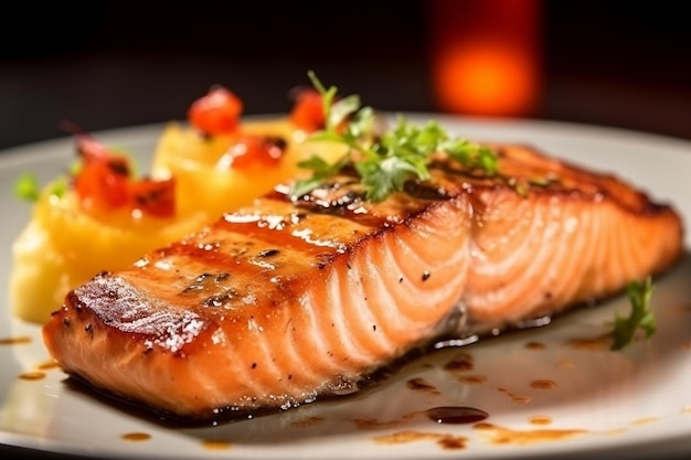 Close Up Succulent Grilled Salmon Fillet in a Luxurious Presentation Generative AI