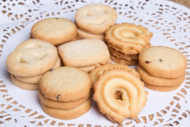 Close up of sugar cookies on wooden table