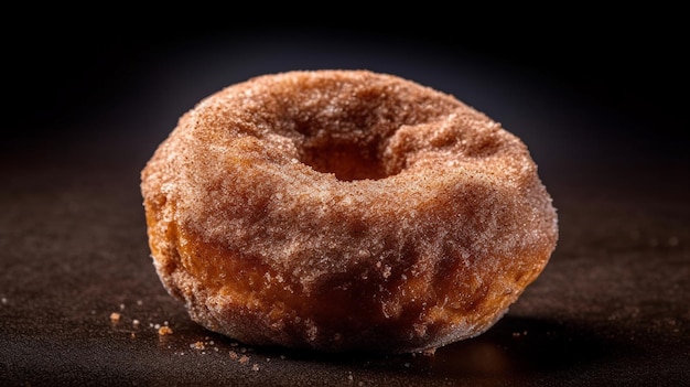 A close up of a sugary donut on a black background