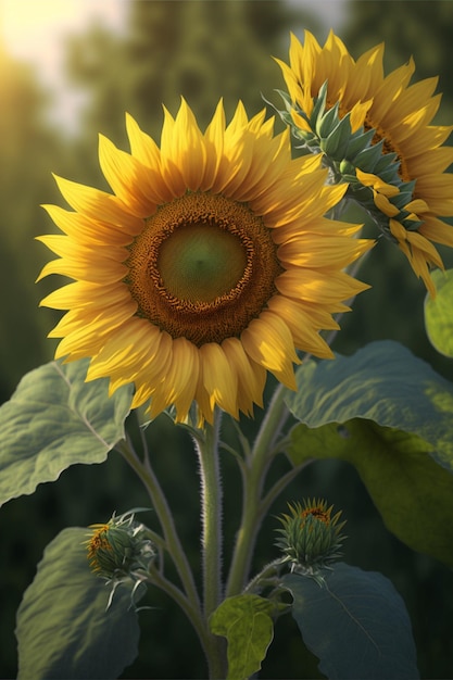 Close up of a sunflower in a field generative ai