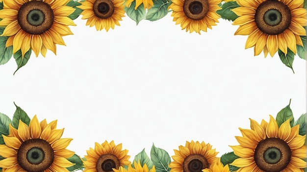 a close up of a sunflower frame with leaves and flowers