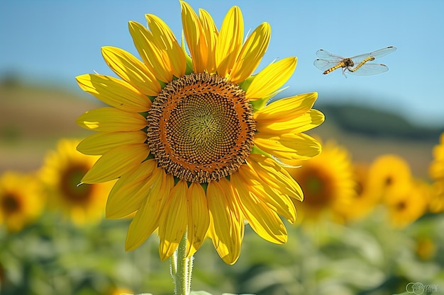 Close up of sunflower with dragonfly on blue sky background sunflowers and insect macro photo summ