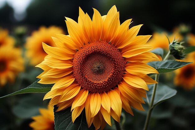 A close up of a sunflower with the green leaf in the center