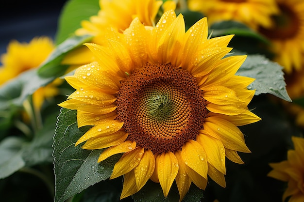 A close up of a sunflower with the green leaf in the center