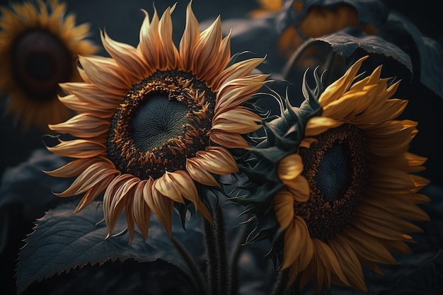 A close up of a sunflower with the sunflowers on the top.