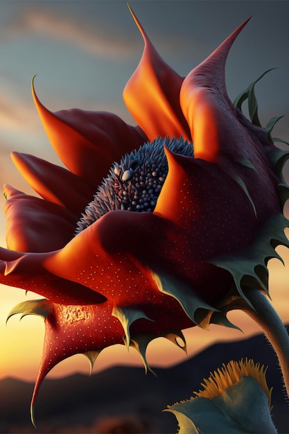 Close up of a sunflower with a sunset in the background generative ai