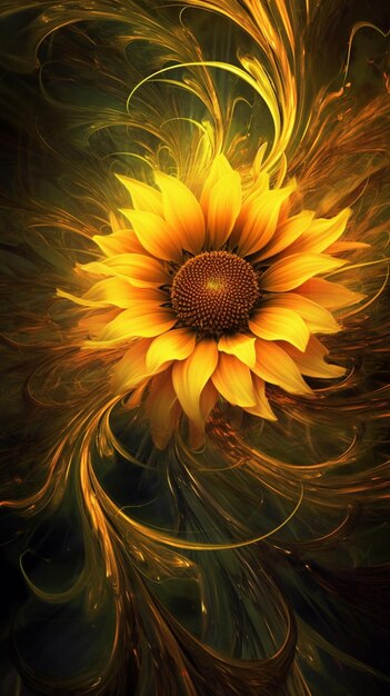 A close up of a sunflower with a swirly background generative ai