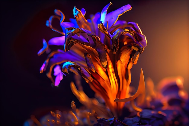 Close-up of a surrealistic neon Bluebells flower, reverberating light, vivid colours,