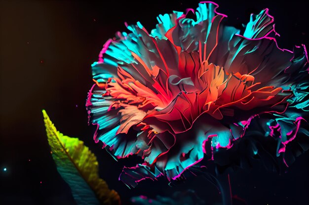 Close-up of a surrealistic neon Carnation flower, reverberating light, vivid colours