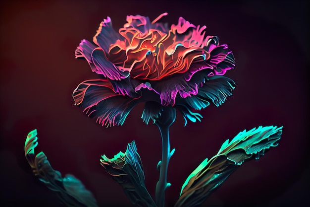 Close-up of a surrealistic neon Carnation flower, reverberating light, vivid colours