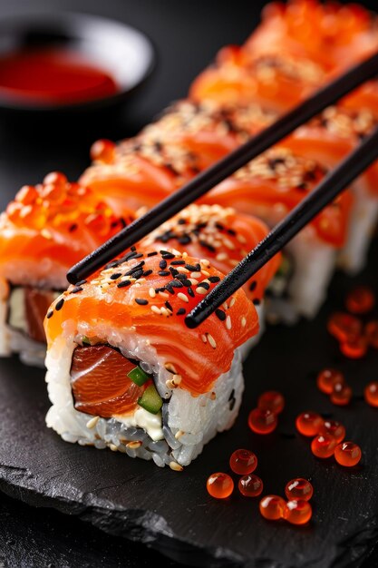 Close up of sushi and chopsticks on blurred background with ample space for text placement