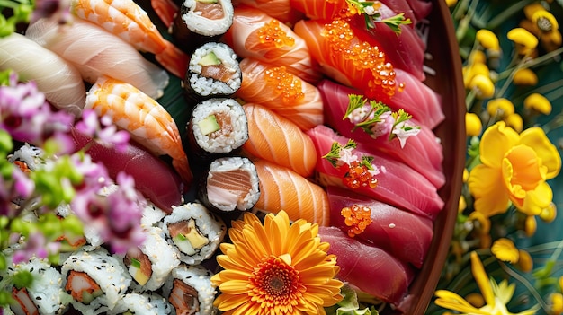 close up of sushi and flowers Selective focus