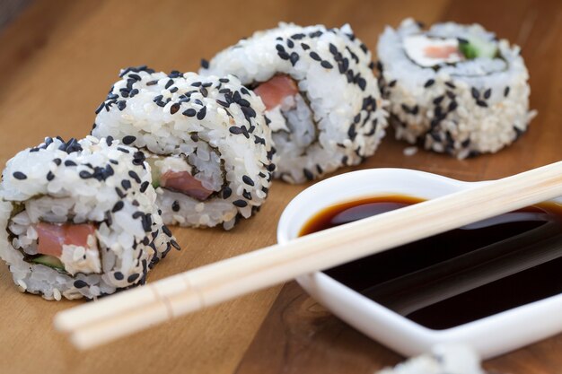 Close up on sushi from rice and trout