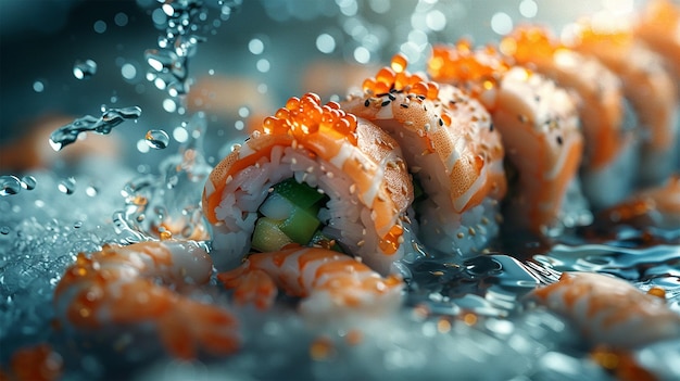 Photo a close up of sushi with some other sushi in the water