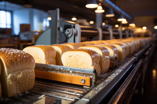 close up of sweet buns on conveyer on bakery factory