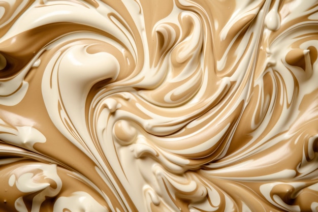 A close up of a swirl of brown and white chocolate