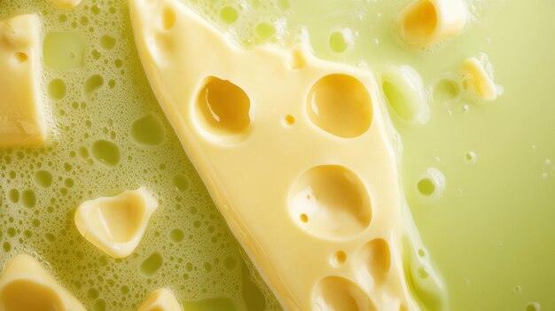 Photo close up of swiss cheese in green liquid