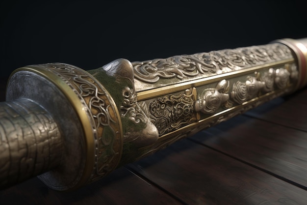 A close up of a sword with the word king on it