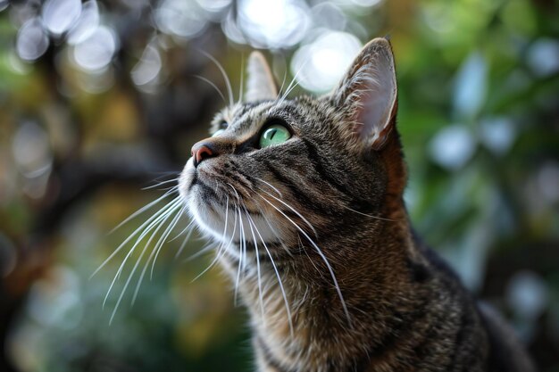 Close up of a tabby cat with green eyes in nature