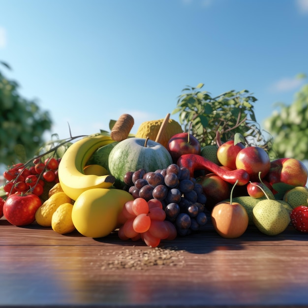 Close up of table full of seasonal fruits sky blue background