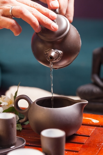 Close-up table with earthenware for Chinese tea ceremony