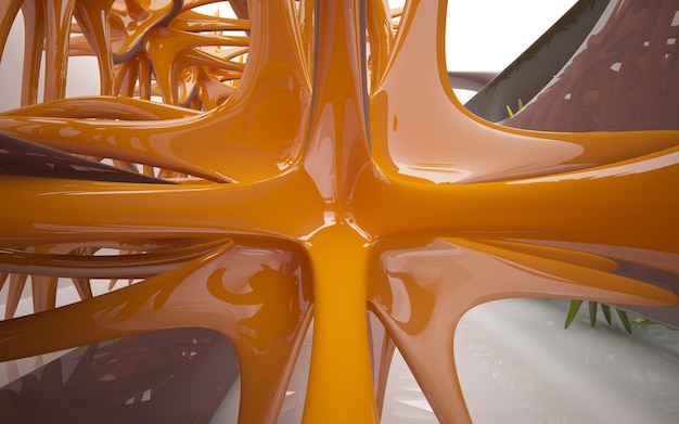 A close up of a table with a large orange sculpture