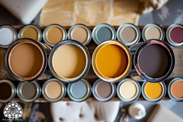 a close up of a table with paint cans and a table cloth generative ai