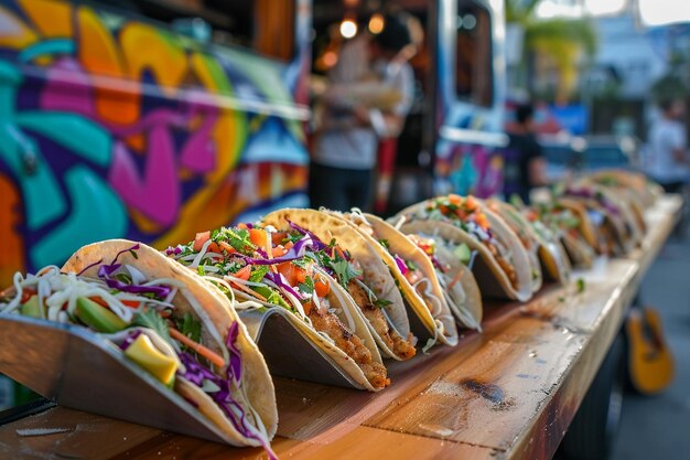 Photo close up of tacos in a line on the sideboard of a food truck