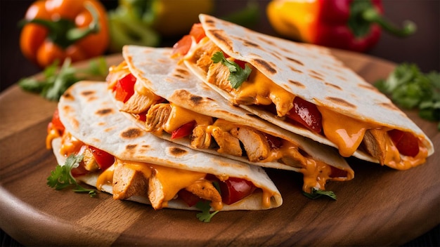 a close up of tacos on a wooden board with vegetables and fruits