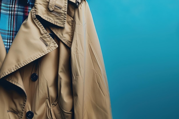 Close Up of a Tan Trench Coat With Plaid Shirt Underneath Against a Blue Background